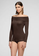 Long-Sleeve Draped-Neck Top in Modal and Cashmere Perfect Line Cashmere - Chocolate 3 - Chocolate 3 | Oroblù