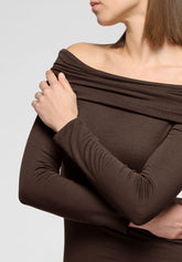 Long-Sleeve Draped-Neck Top in Modal and Cashmere Perfect Line Cashmere - Chocolate 3 - Chocolate 3 | Oroblù