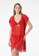 Kaftano in Pizzo Copricostume Drapé - Rosso - Red | Oroblù
