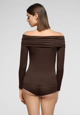 Long-Sleeve Draped-Neck Top in Modal and Cashmere Perfect Line Cashmere - Chocolate 3 - Chocolate 3 | Oroblù